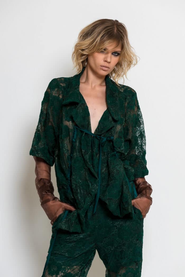 Green Floral Lace Bolero with Draped Front