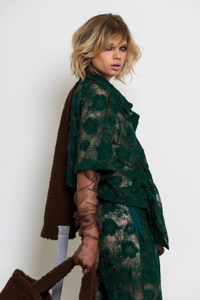 Green Floral Lace Bolero with Draped Front