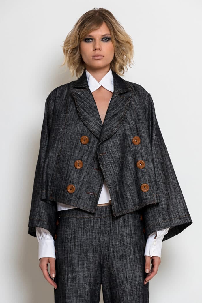 Double-Breasted Cropped Denim Jacket