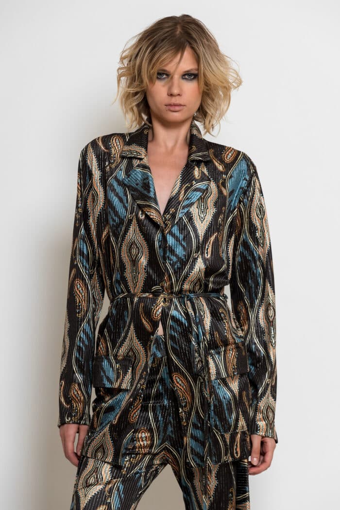 Metallic Velvet Oversized Blazer with Tie Belt