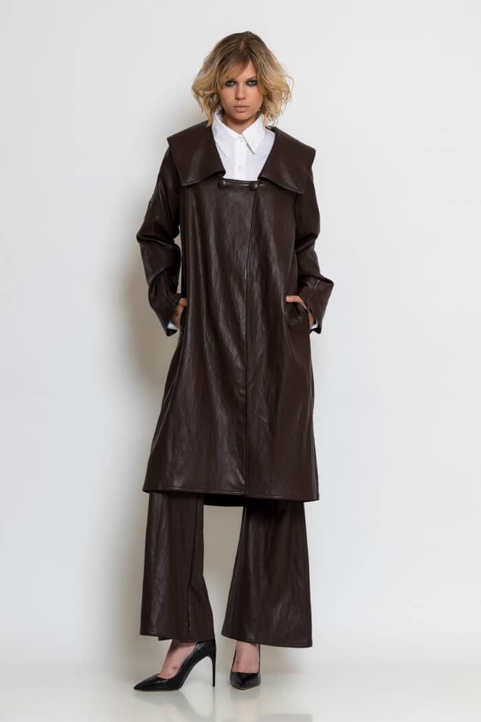 Brown Midi Faux Leather Coat