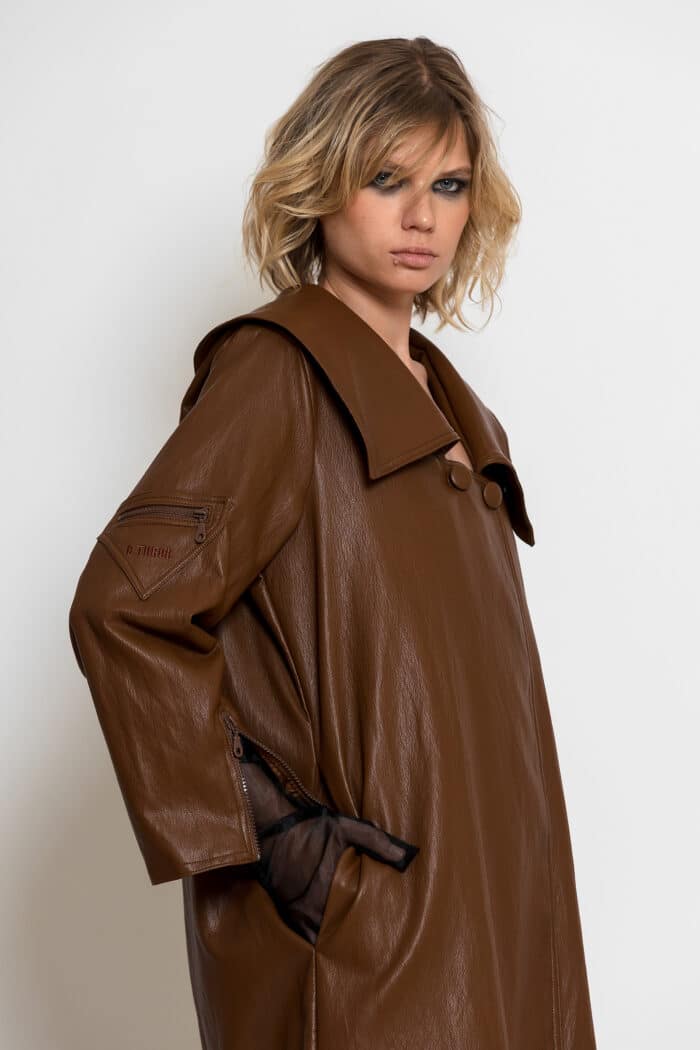 Camel Midi Faux Leather Coat
