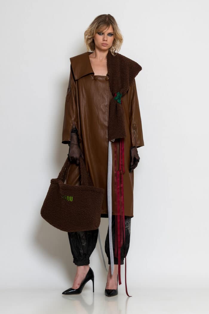 Camel Midi Faux Leather Coat