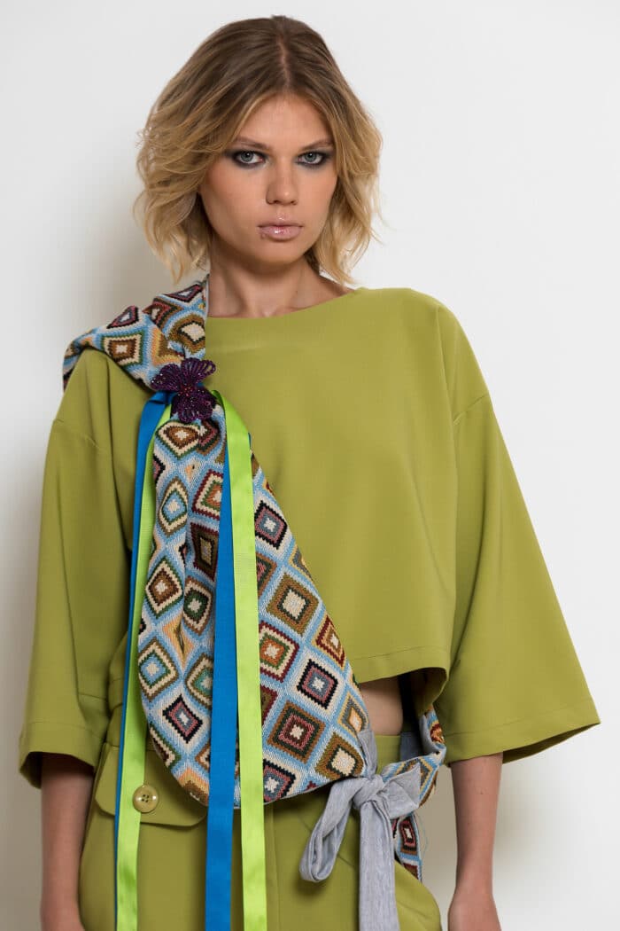 Multicolour Brocade Stole with Grosgrain Ribbons and Rhinestones