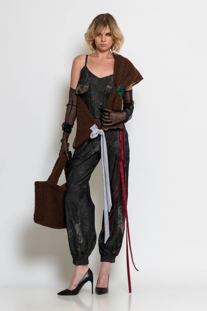Brown Faux Fur Stole with Rhinestone Floral Detail