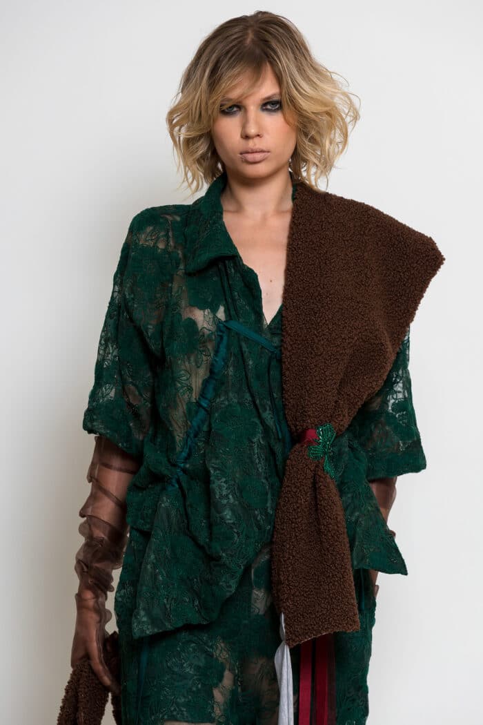 Brown Faux Fur Stole with Rhinestone Floral Detail
